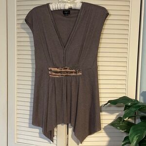 Deletta by Anthropologie Purple Beaded Empire Waist Cap Sleeve top.